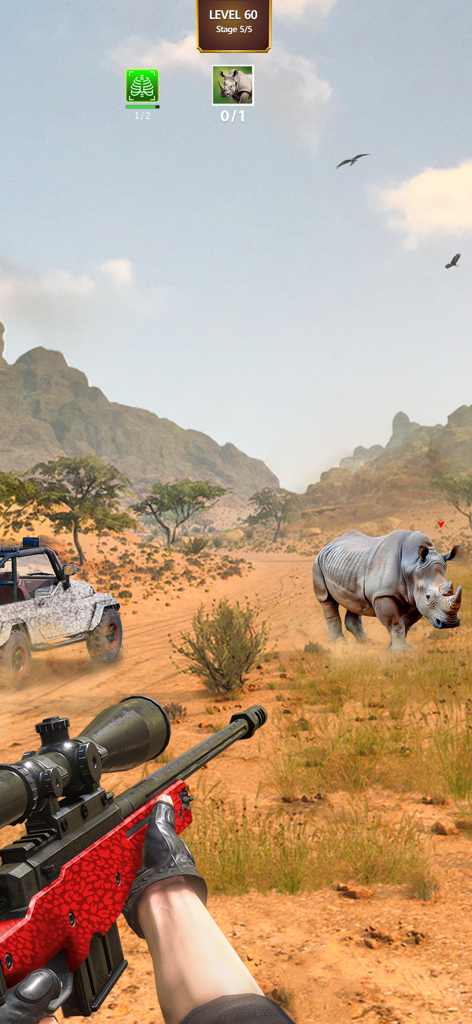 Sicht aus der Ego-Perspektive eines Scharfschützen auf ein Nashorn in einer Wüstenlandschaft