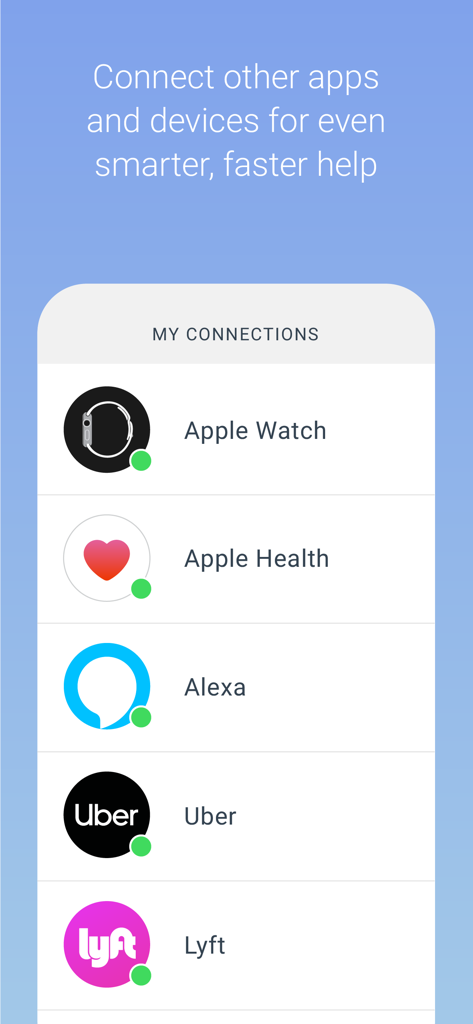 Noonlight app screen showing connections to Apple Watch Apple Health Alexa Uber and Lyft