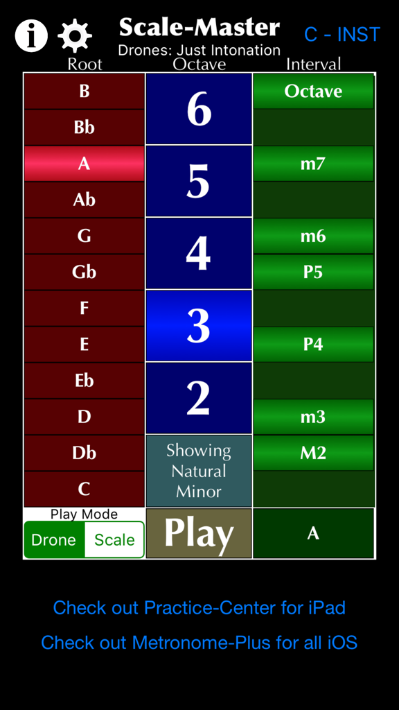 Scale-Master - Interfaz de la aplicación Scale-Master que muestra la octava de la nota fundamental y la selección de intervalos para el entrenamiento de entonación justa