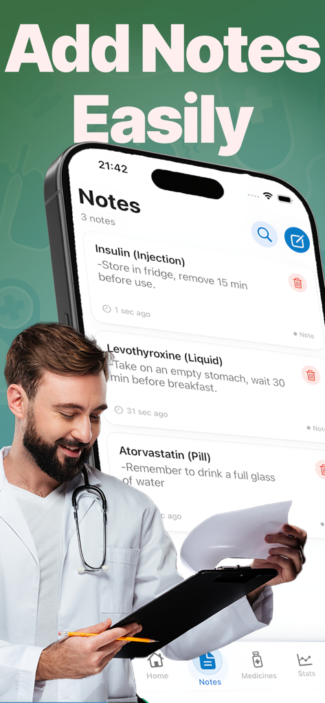 Interface do aplicativo MedTracker mostrando notas personalizadas para medicamentos como insulina e levotiroxina