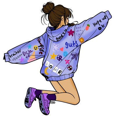 realistic girl jumping with a bun and oversized sweatshirt
