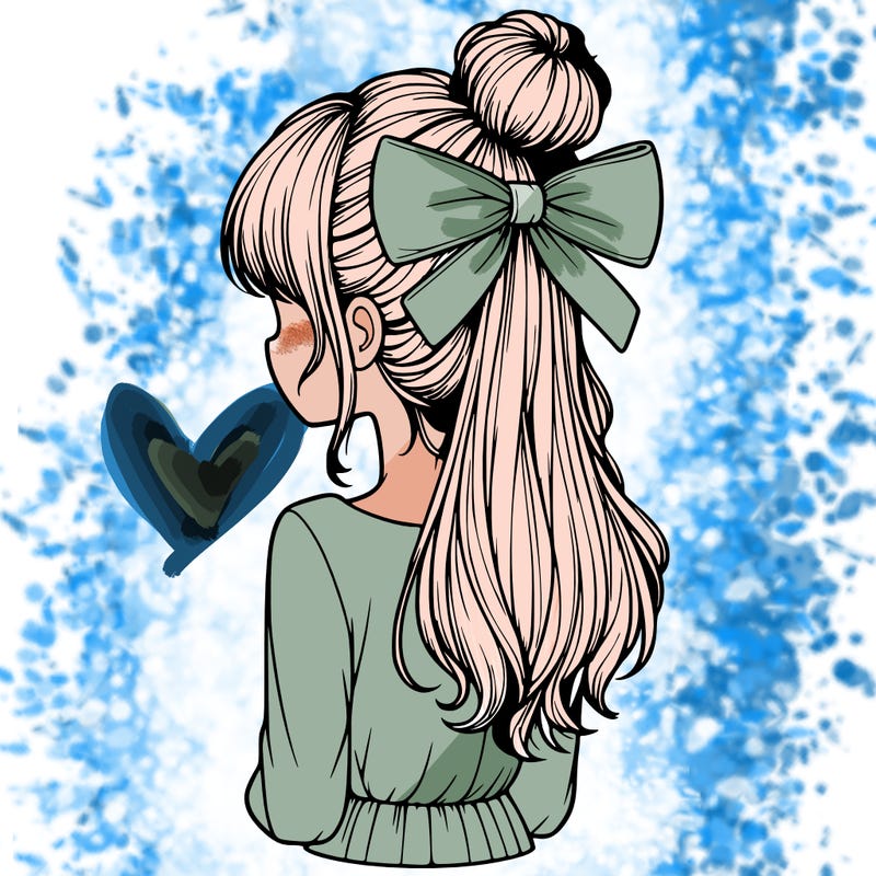 realistic girl  with hip length hair a bun and a big bow on the back of head