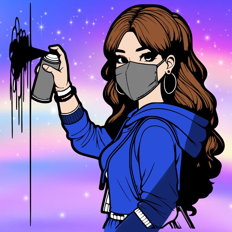 realistic girl with mask spray painting a wall