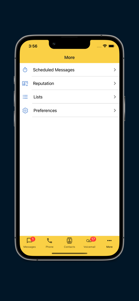 Emitrr - The More menu in the Emitrr app showing options for scheduled messages reputation and lists