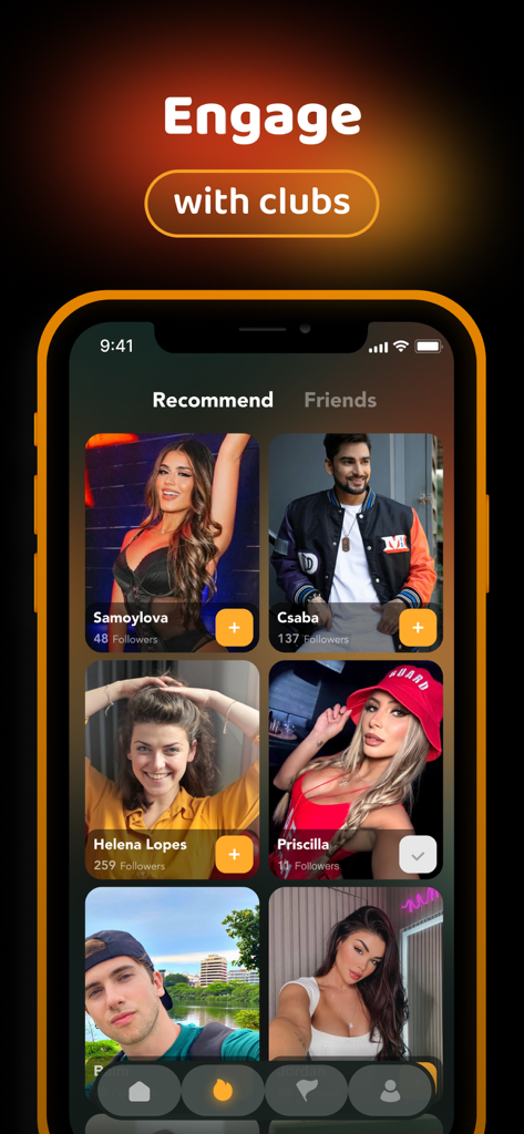 Smartphone screen of the Haven app showing recommended student profiles for social networking and campus clubs.