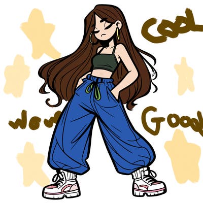 girl in baggy pants crop top and long hair