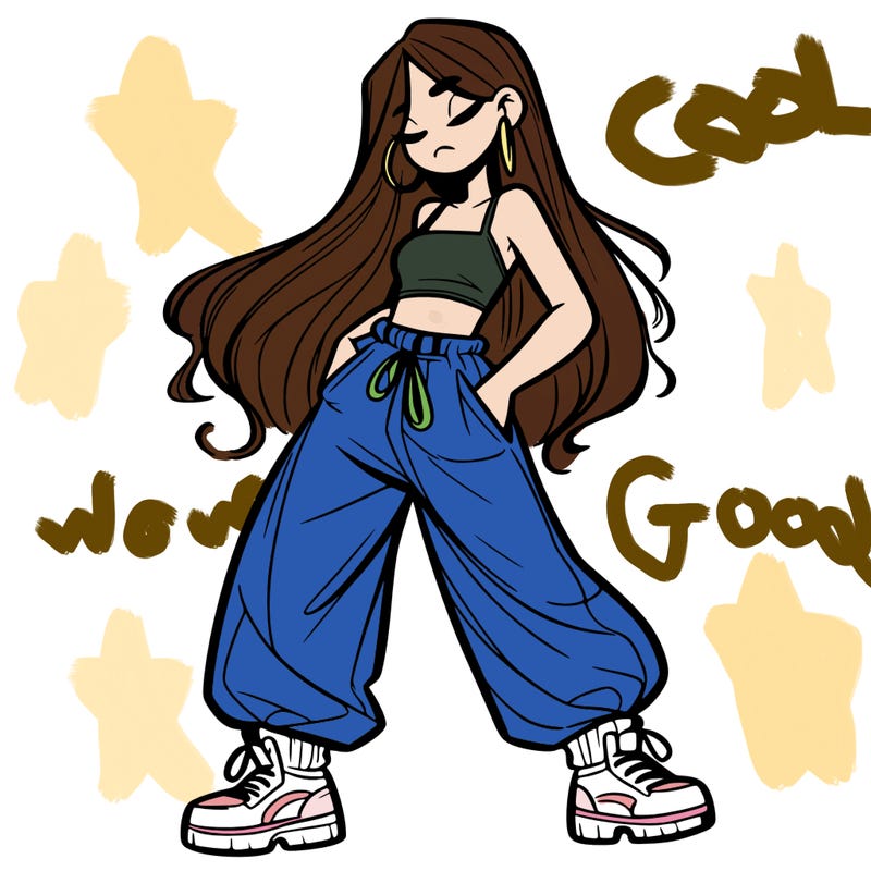 girl in baggy pants crop top and long hair