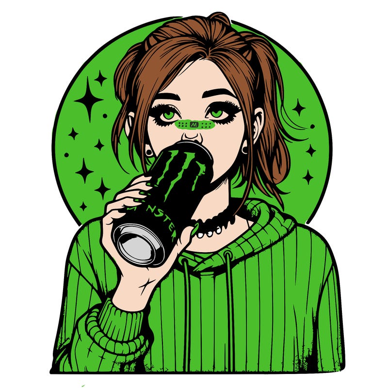 realistic girl drinking monster energy drink