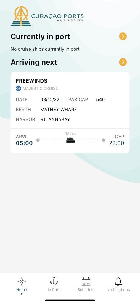 CPA Cruise - CPA Cruise app home screen showing cruise ship arrival details for Curacao port