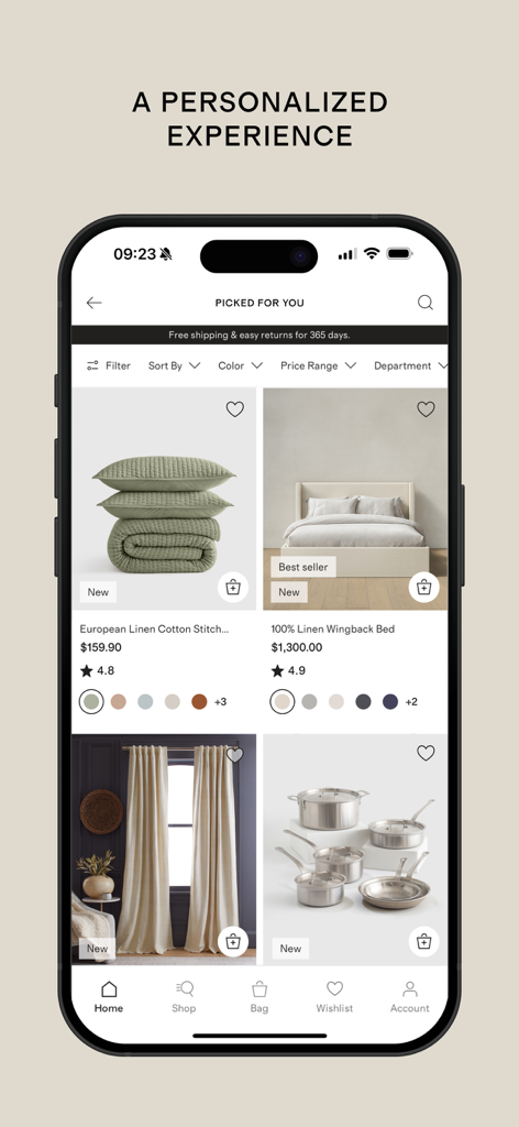 A mobile screenshot of the Quince app showing personalized recommendations for linen bedding and stainless steel cookware