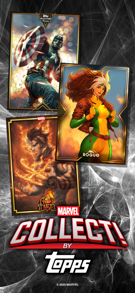 Marvel Collect! by Topps promotional image featuring digital trading cards of Captain America, Rogue, and a fire-themed character.