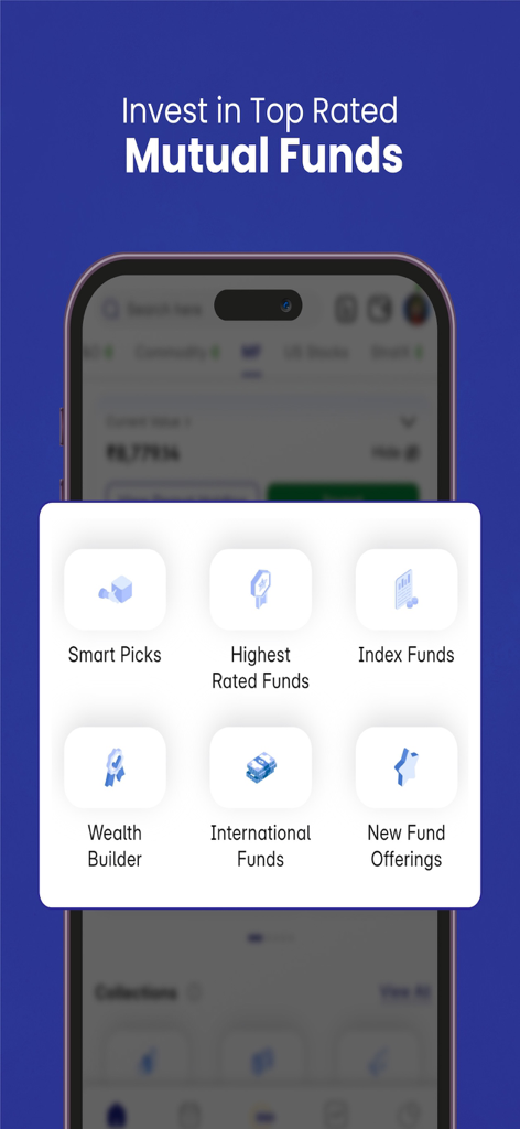 RIISE: Stocks by Motilal Oswal - RIISE app interface showing top-rated mutual fund investment categories like Smart Picks and Index Funds.