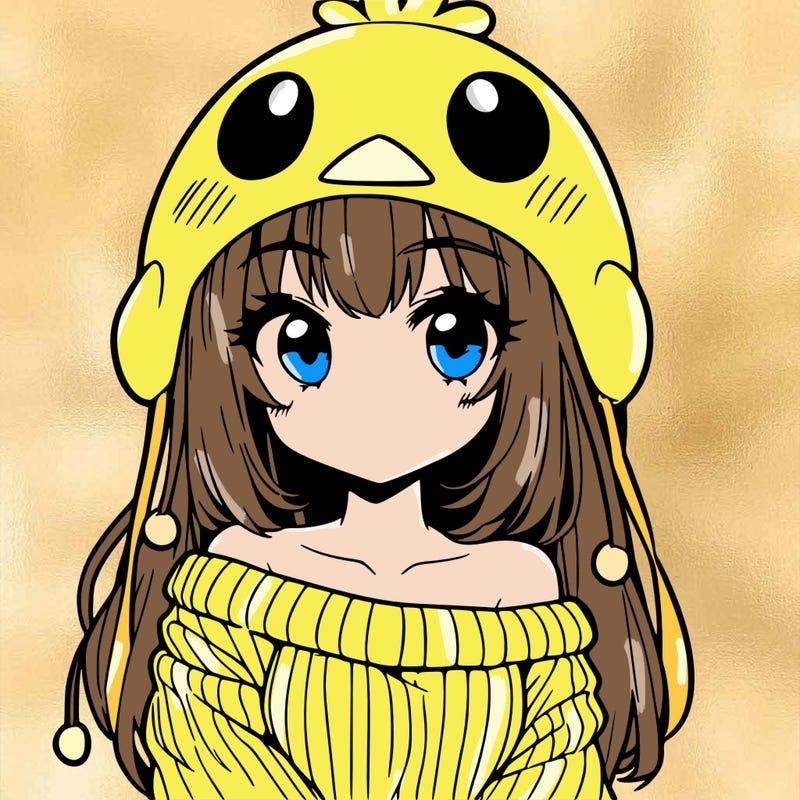 anime girl with chick shaped hat with sweater with bare shoulders with bangs covering them one eye with low tail