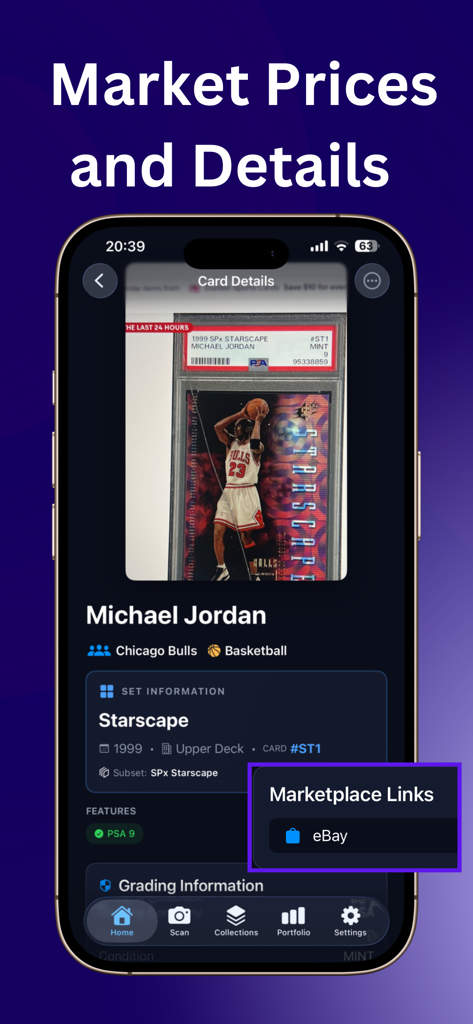 Sports card scanner: SoRare AI - App screen showing market prices and eBay marketplace links for a Michael Jordan basketball card.