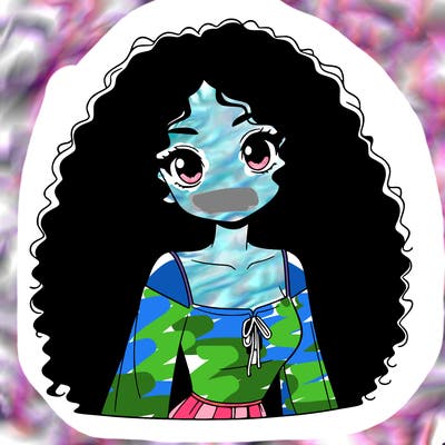 a black anime girl with long afro hair