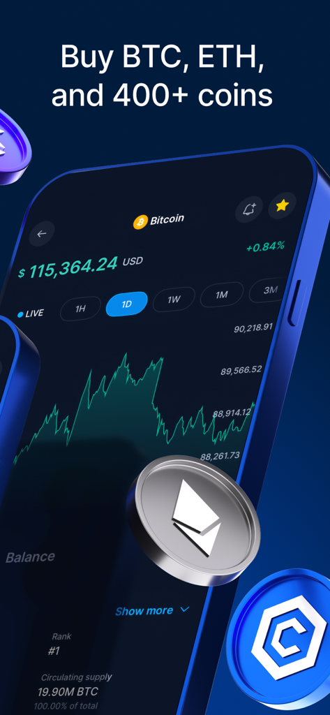Crypto.com: Buy BTC, ETH & CRO - Crypto.com 모바일 앱에 비트코인 가격 차트 및 암호화폐 아이콘 표시