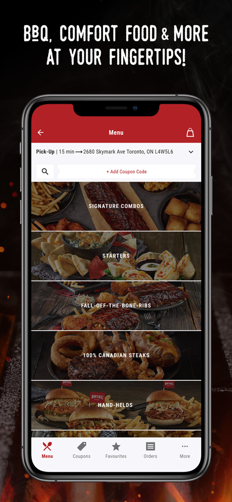 Montanas BBQ & Bar - Menu do aplicativo móvel Montana's BBQ and Bar mostrando categorias de alimentos, incluindo costelas, bifes e combos exclusivos