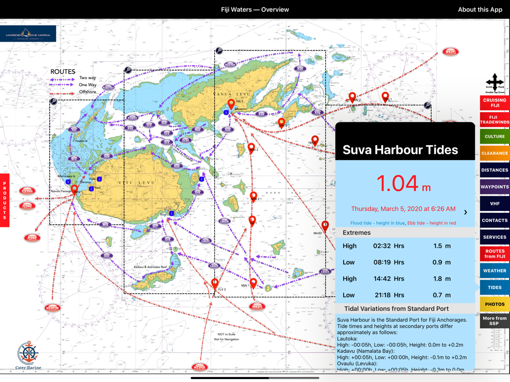 Nautical chart of Fiji with sailing routes and Suva Harbour tide information overlay in the Sail Fiji Cruising Guide app.