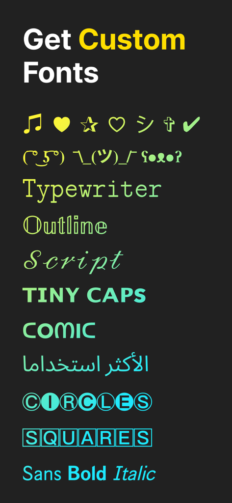 Fonts for iPhone & Keyboards - A preview of various custom font styles and symbols available for iPhone keyboards including script typewriter and outline fonts
