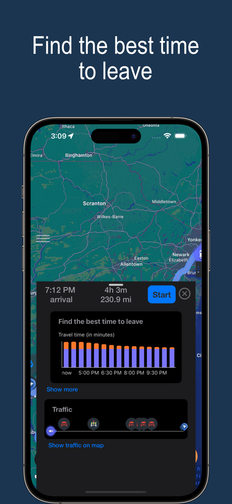 Interfaz de la aplicación de Navegación Waye que muestra un gráfico de barras de tiempo de viaje y un mapa para encontrar el mejor momento para salir