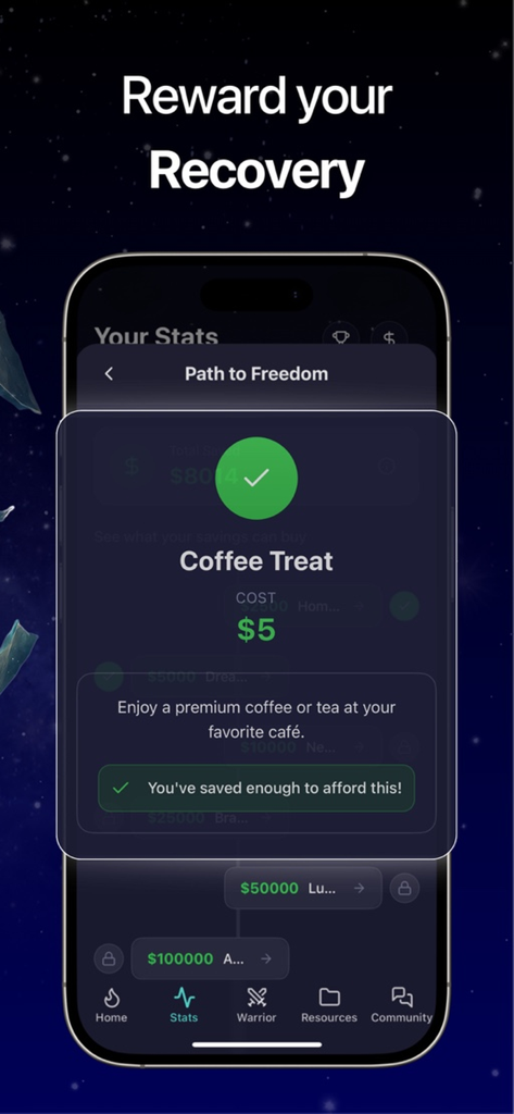 Betlessアプリのスクリーンショット、ギャンブルリカバリー中に節約したお金でアンロックされた5ドルのコーヒー特典を表示