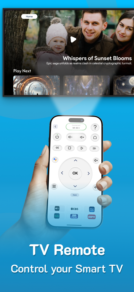 Projector: TV Screen Mirroring - Um iPhone exibindo uma interface de controle remoto universal de TV usada para controlar uma televisão inteligente