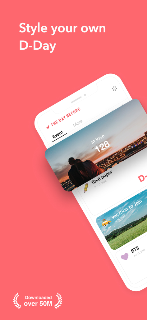 Smartphone displaying TheDayBefore app interface with various styled D-Day countdowns for personal milestones.