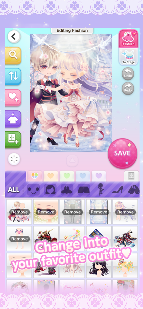 CocoPPa Play - Editing fashion screen in CocoPPa Play showing anime style characters in ball gowns and fancy suits with an inventory of collectible outfits