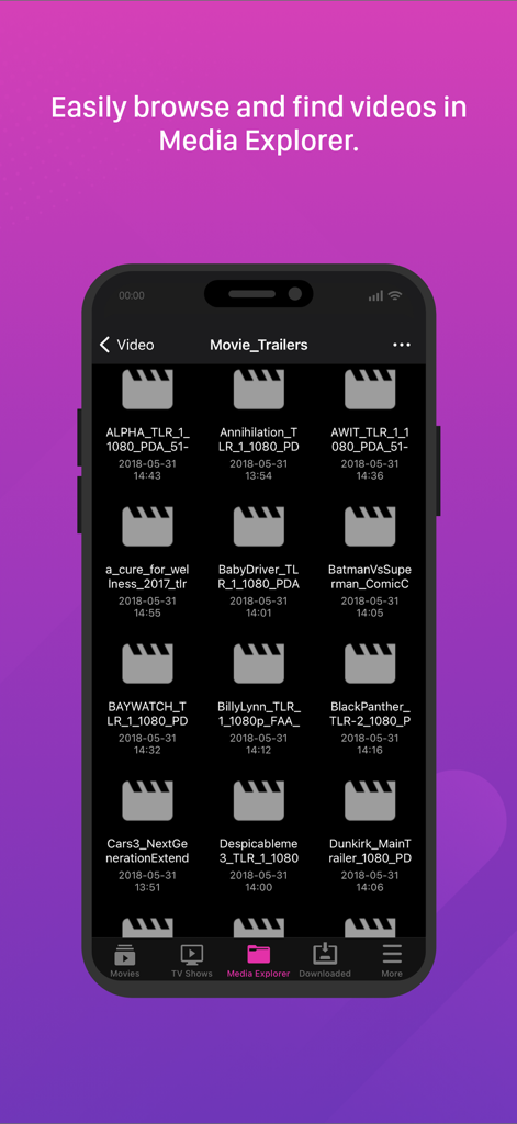 AiVideos - ASUSTOR NAS - AiVideos app Media Explorer interface displaying a list of movie trailers