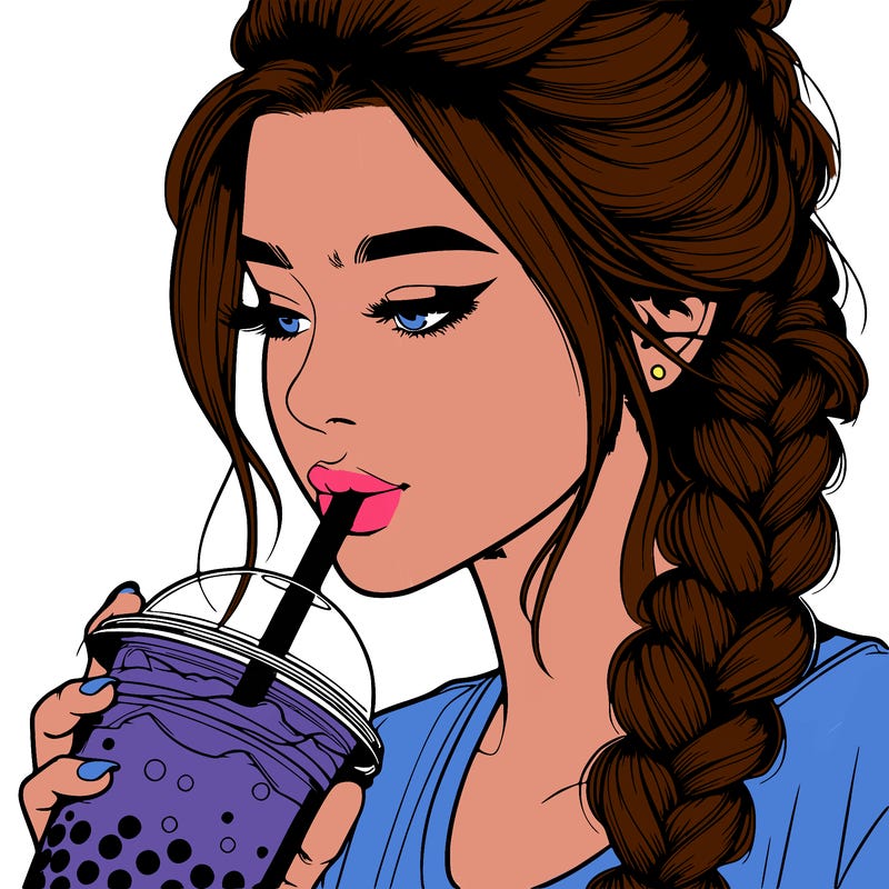 realistic girl drinking boba tea with braided hair