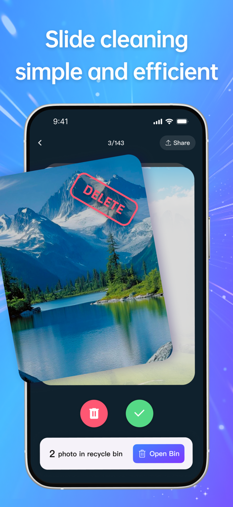 Interfaz de aplicación móvil que muestra una función de deslizar para eliminar para gestionar y limpiar fotos