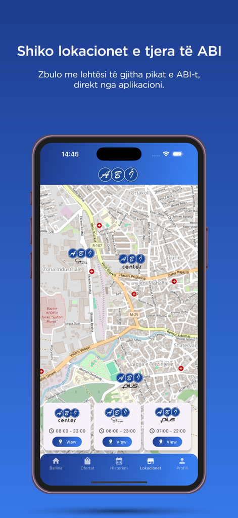 ABI Bonus - ABI Bonus app screen showing a map of supermarket store locations with opening hours