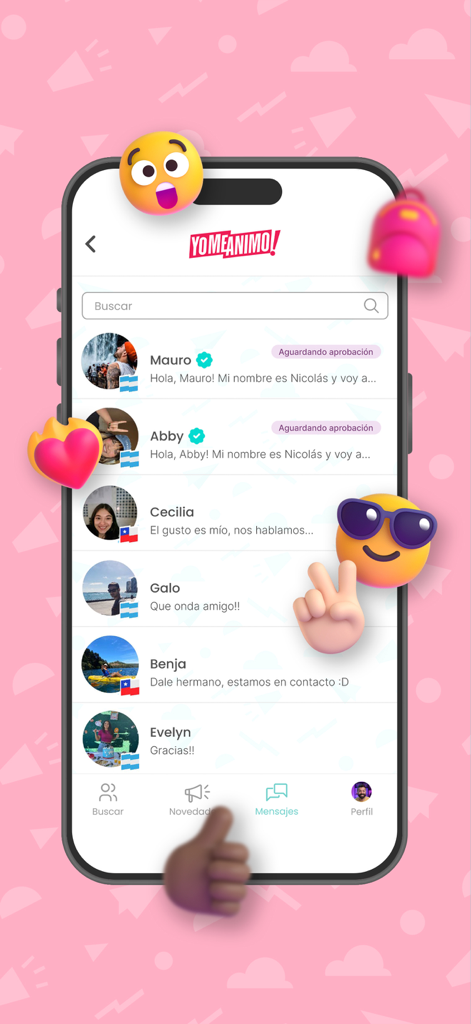 YoMeAnimo! - YoMeAnimo app chat screen showing a list of messages from a community of travelers and digital nomads.