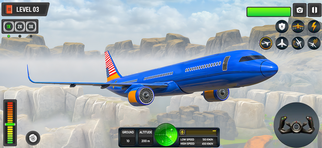 Airplane Game:Pilot Simulator - A blue jet flying through rocky canyons in the Airplane Game Pilot Simulator mobile game with HUD controls displayed.