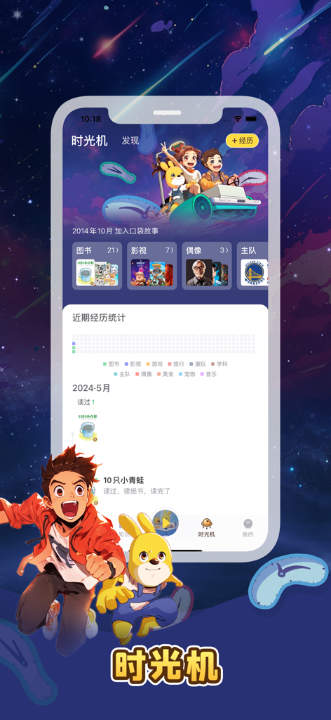 口袋故事-青少年儿童故事课外知识听书漫画大全 - ポケットストーリーアプリの時間旅行機能のスクリーンショット。子供の読書とリスニングの履歴を追跡します。