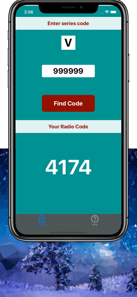 Radio Code for Ford V Series - Interfaz de la calculadora de códigos de radio Ford Serie V que muestra un código de desbloqueo generado