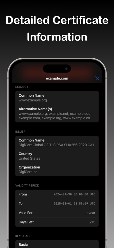 Tela de informações detalhadas do certificado SSL mostrando o período de validade e os detalhes do emissor no aplicativo SSL Time