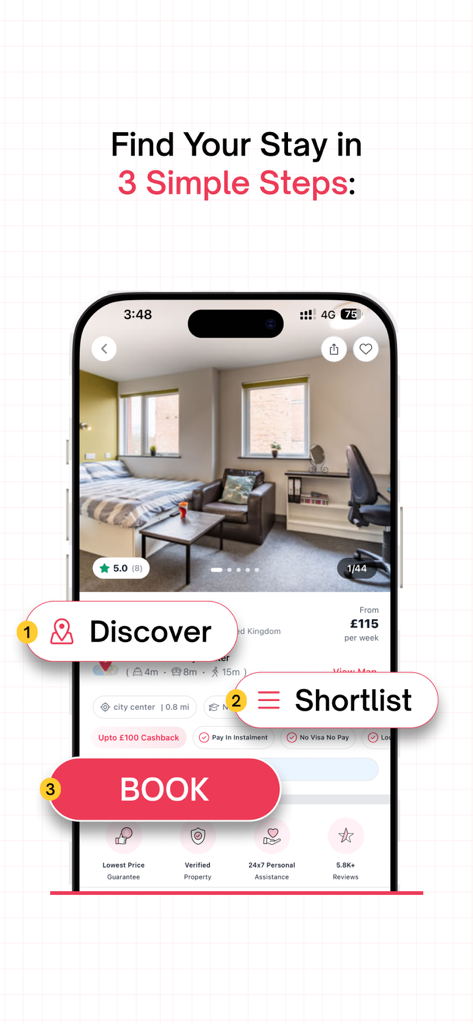 Amber: Student Housing & Apt - Amber mobile app interface showing three simple steps to find and book student accommodation including discover shortlist and book