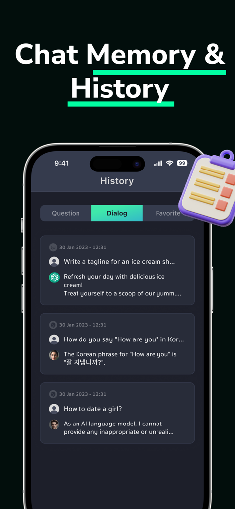 DeepSearch - AI Chatbot App - DeepSearch AI chatbot app interface displaying saved chat history and dialogs on an iPhone screen.