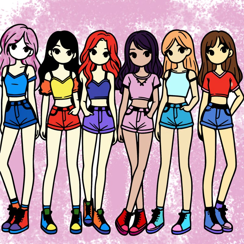 a group of girls wearing crop tops and shorts