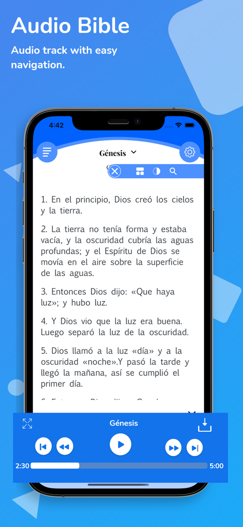 Holy Bible Reina Valera +Audio - Smartphone screen displaying the Audio Bible feature with Spanish text from Genesis and an audio player.