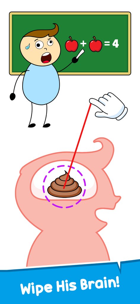 A level in Help Me Tricky Puzzle Story where a hand interactively wipes a poop icon from a character brain silhouette