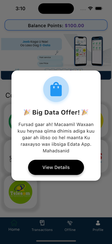 Edata - Screenshot of the Edata app showing a promotional offer for internet data services in Somalia.