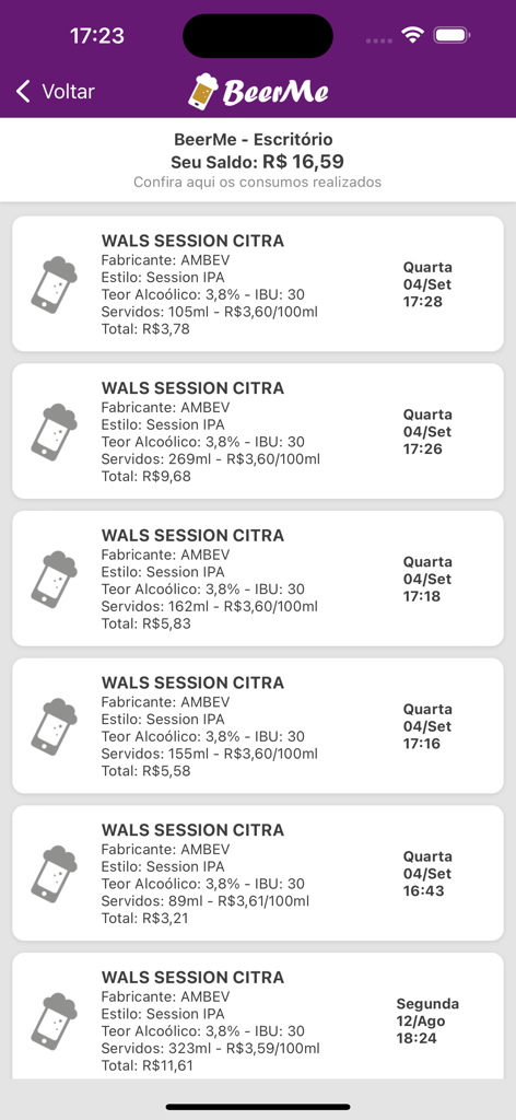BeerMe - BeerMe app screen showing a detailed consumption history of beers with price per volume and total cost per session.