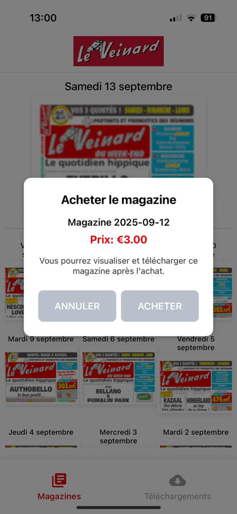 Fenêtre contextuelle d'achat intégrée pour un magazine numérique de courses hippiques au prix de 3 euros dans l'application Le Veinard.