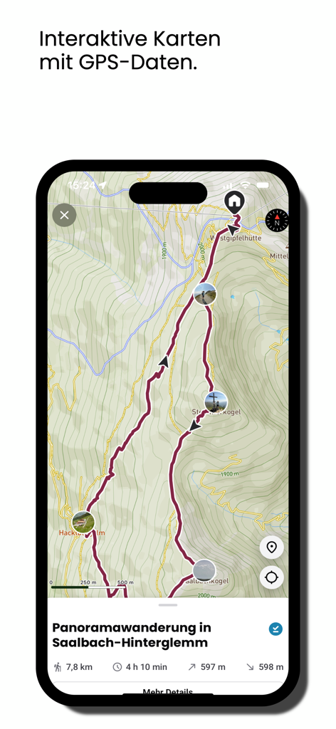 HOME of TRAVELアプリのインタラクティブハイキングマップ。ザールバッハ・ヒンターグレンのパノラマハイキングの詳細なGPSルートが表示されています。