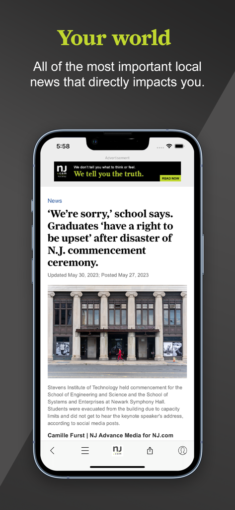 NJ.com - A mobile phone screen displaying a hyper-local news article on the NJ.com app.
