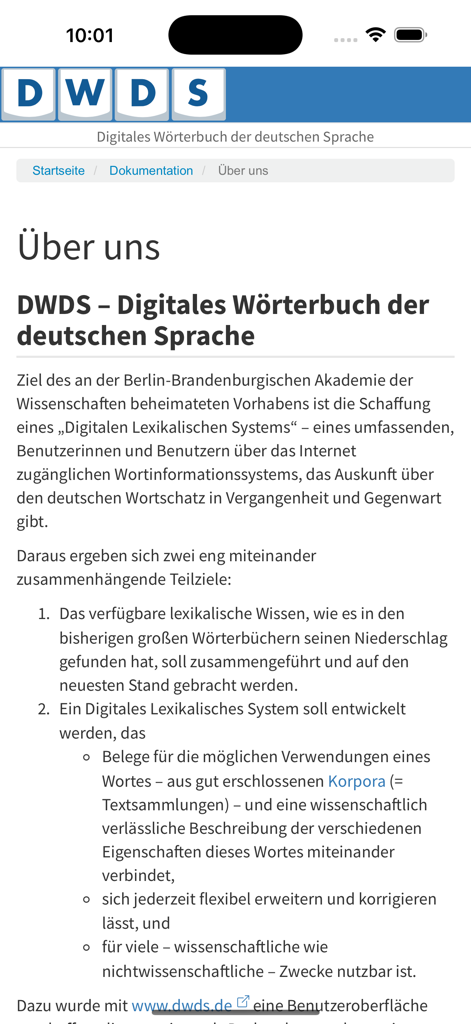DWDS - The About Us section of the DWDS app detailing its academic background and project goals.