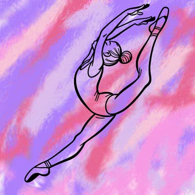 gymnast doing a leap in a leotard with a bent back leg
