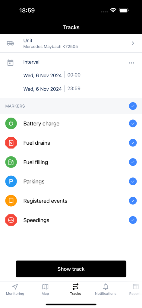 GeckoTrack app interface showing tracking markers for vehicle events like fuel drains and speedings